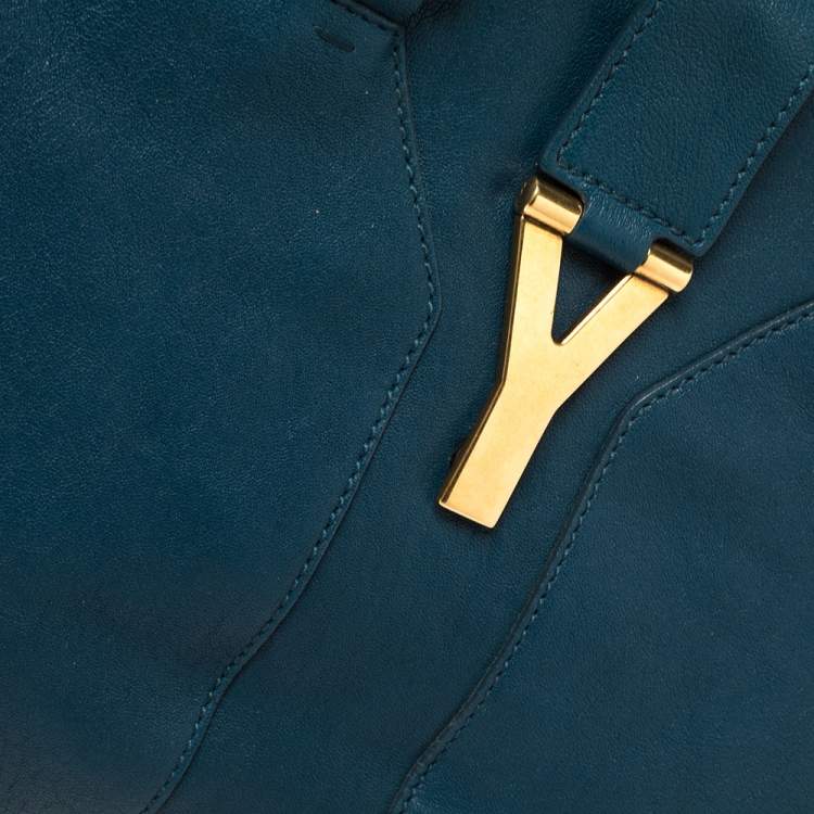 Pre Owned Yves Saint Laurent Paris Teal Blue Leather Large Y Cabas Chyc Tote
