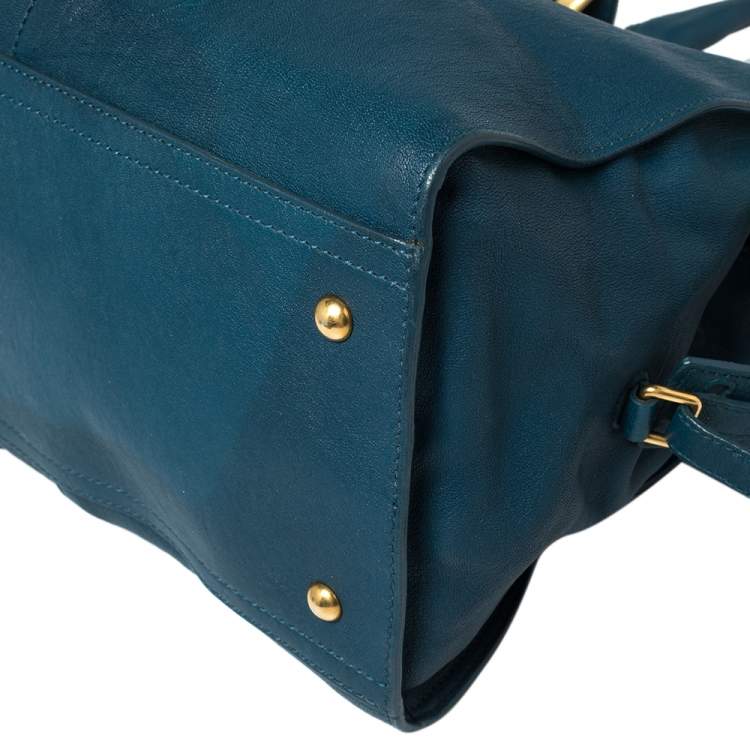 Pre Owned Yves Saint Laurent Paris Teal Blue Leather Large Y Cabas Chyc Tote