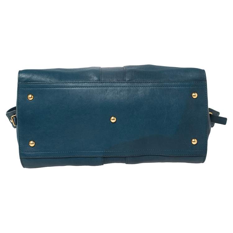 Pre Owned Yves Saint Laurent Paris Teal Blue Leather Large Y Cabas Chyc Tote