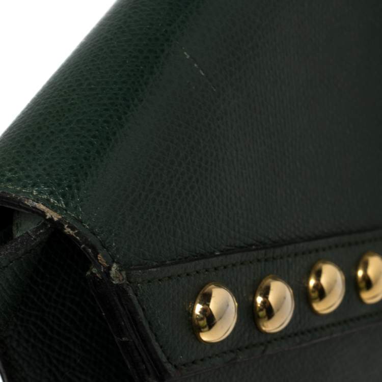 Pre Owned Yves Saint Laurent Green Leather Y Studded Flap Shoulder Bag