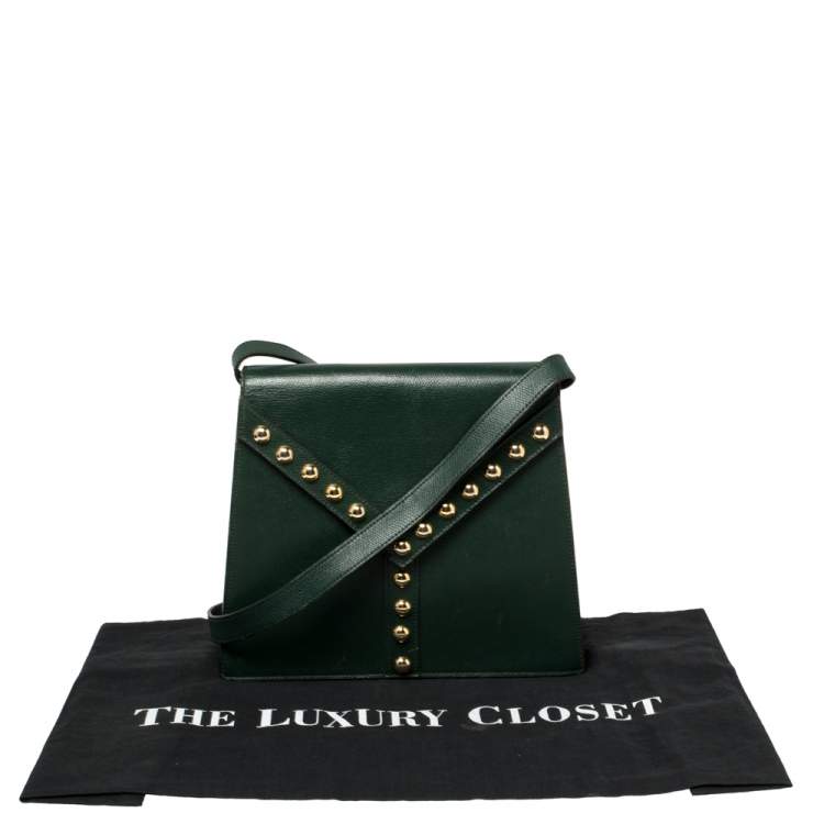 Pre Owned Yves Saint Laurent Green Leather Y Studded Flap Shoulder Bag