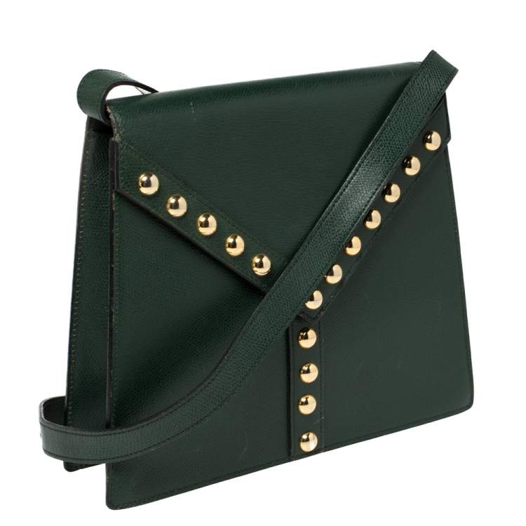 Pre Owned Yves Saint Laurent Green Leather Y Studded Flap Shoulder Bag