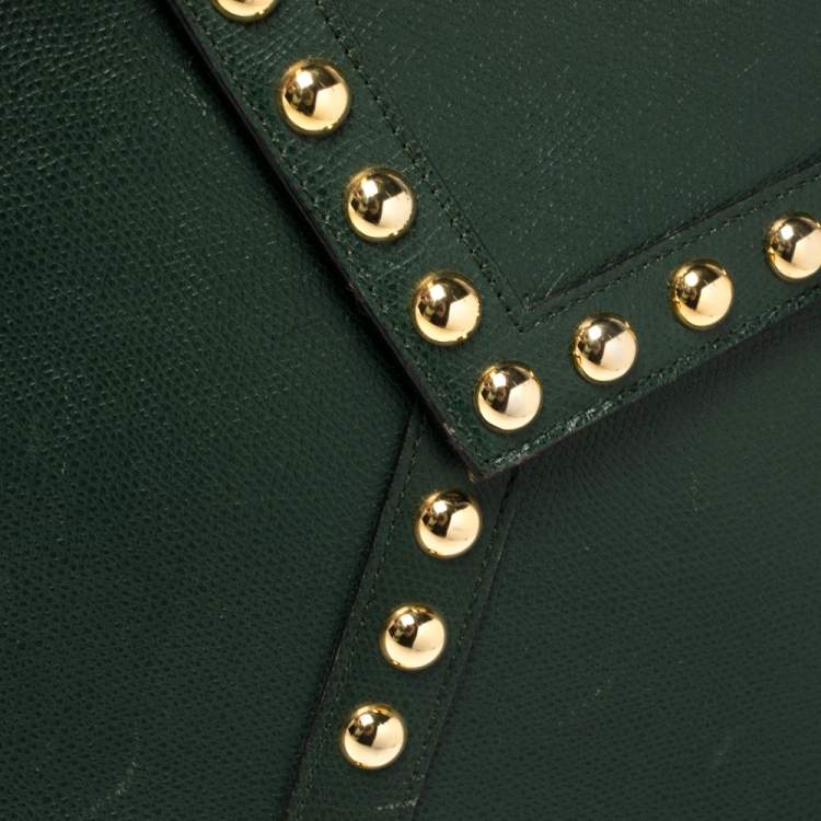 Pre Owned Yves Saint Laurent Green Leather Y Studded Flap Shoulder Bag