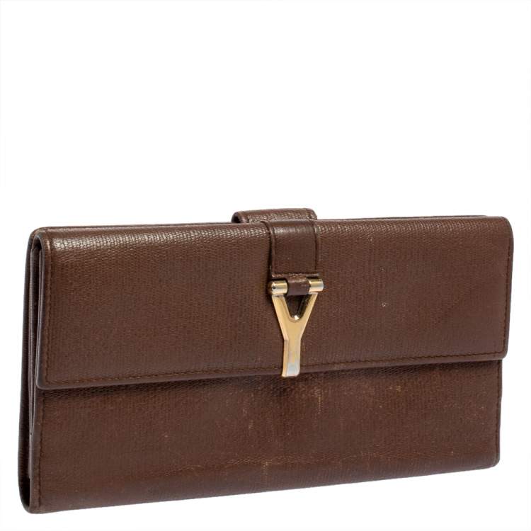 Pre Owned Yves Saint Laurent Brown Leather Y Ligne Flap Continental Wallet