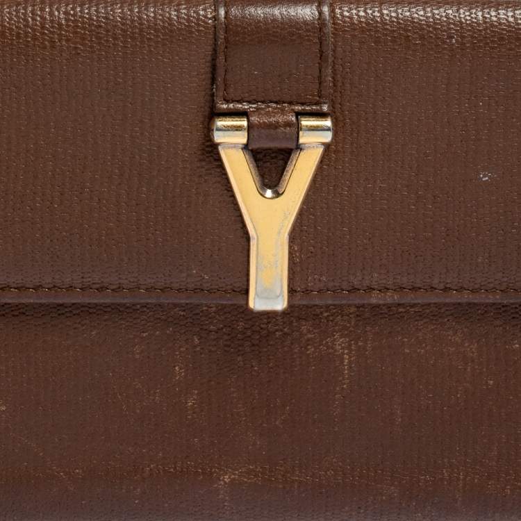Pre Owned Yves Saint Laurent Brown Leather Y Ligne Flap Continental Wallet