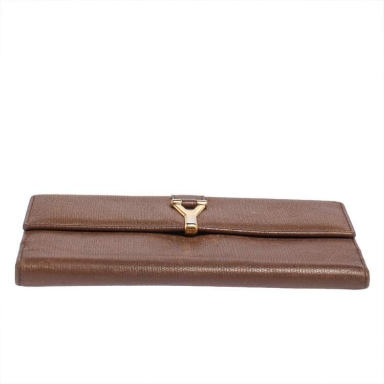 Pre Owned Yves Saint Laurent Brown Leather Y Ligne Flap Continental Wallet