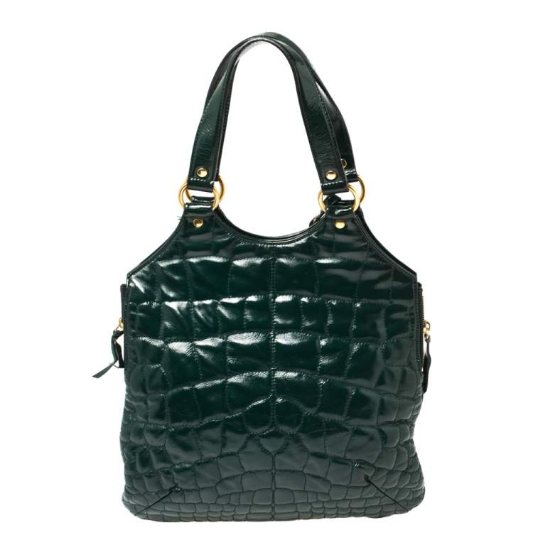 Pre Owned Yves Saint Laurent Green Croc Embossed Patent Leather Tribute Tote