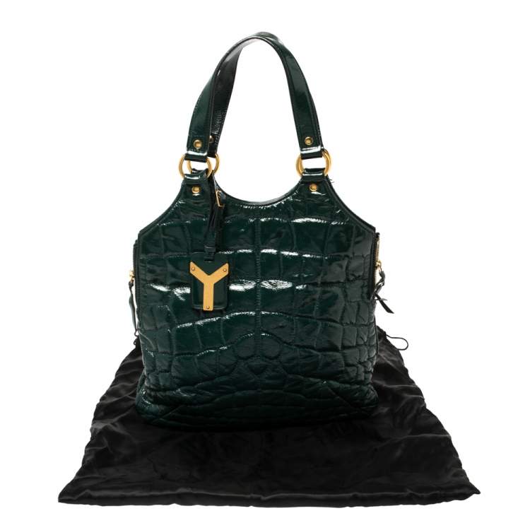 Pre Owned Yves Saint Laurent Green Croc Embossed Patent Leather Tribute Tote