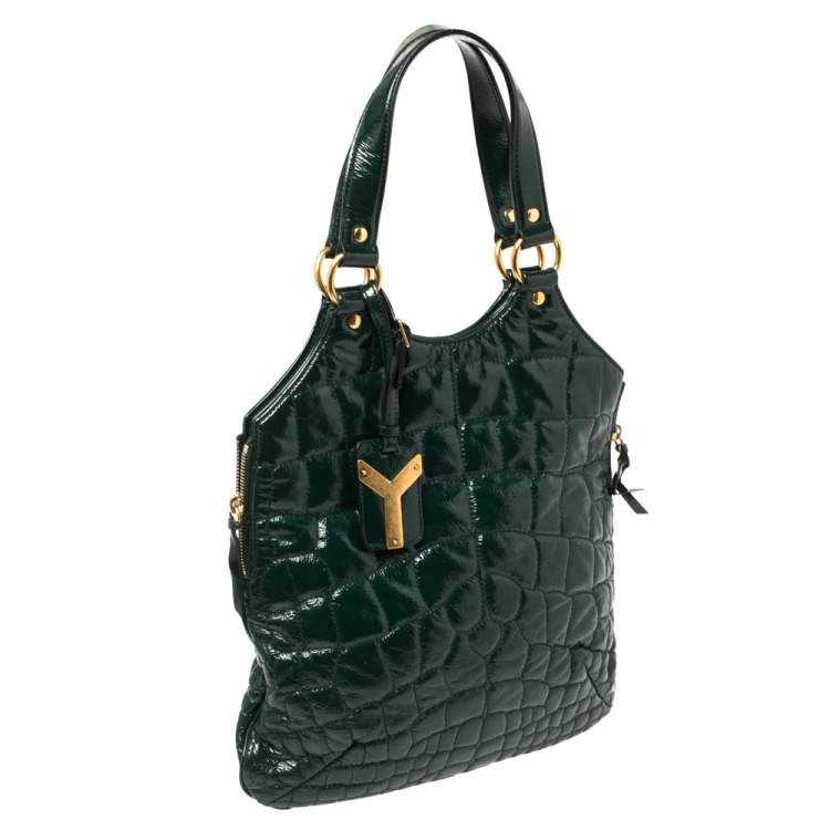 Pre Owned Yves Saint Laurent Green Croc Embossed Patent Leather Tribute Tote