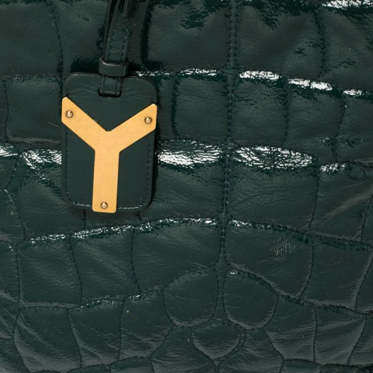 Pre Owned Yves Saint Laurent Green Croc Embossed Patent Leather Tribute Tote
