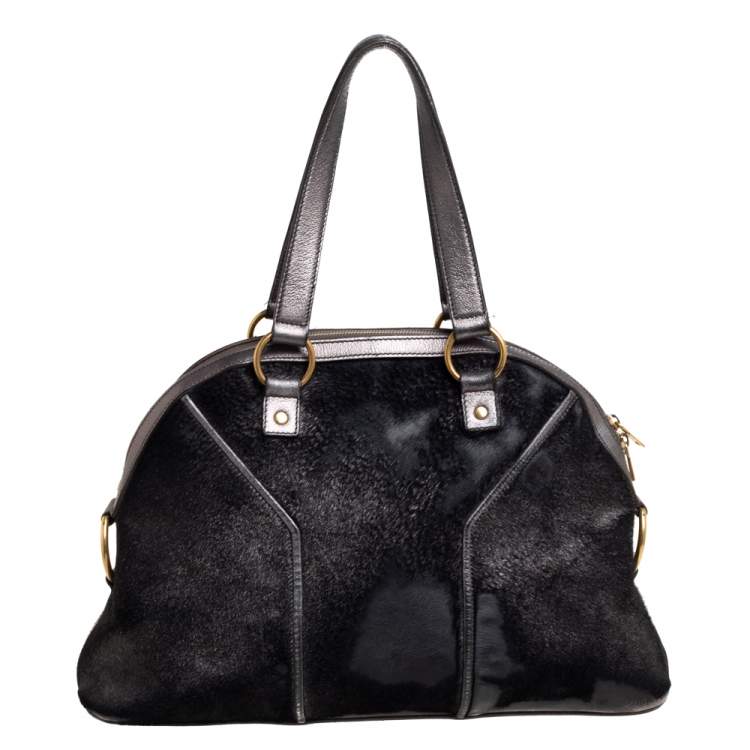 Pre Owned Yves Saint Laurent Black/Grey Calf Hair and Leather Large Muse Satchel