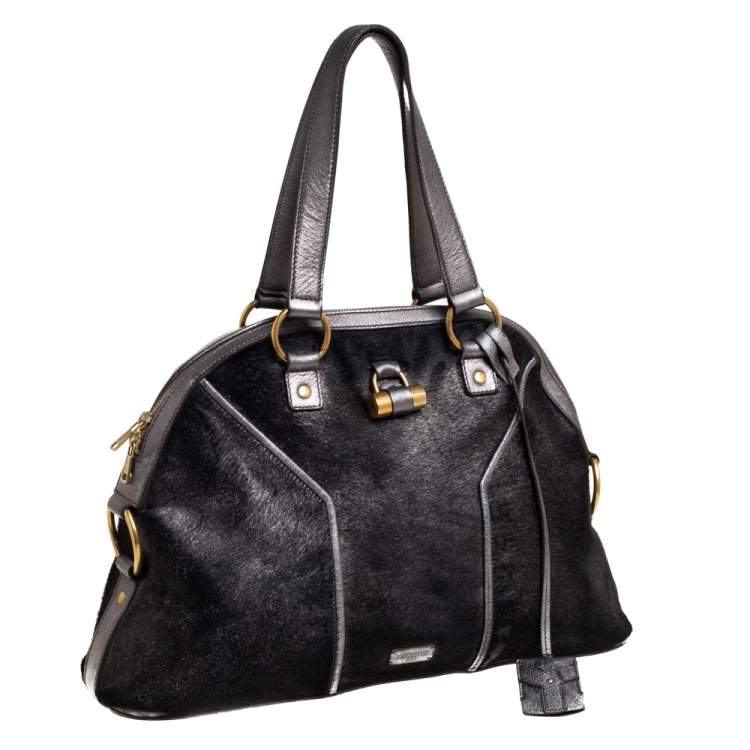 Pre Owned Yves Saint Laurent Black/Grey Calf Hair and Leather Large Muse Satchel