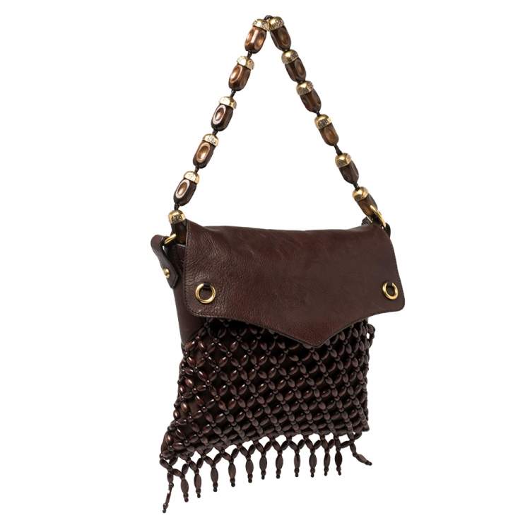 Pre Owned Yves Saint Laurent Mocha Brown Leather and Suede Beaded Fringed Shoulder Bag
