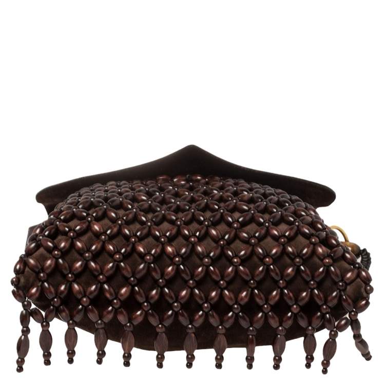 Pre Owned Yves Saint Laurent Mocha Brown Leather and Suede Beaded Fringed Shoulder Bag