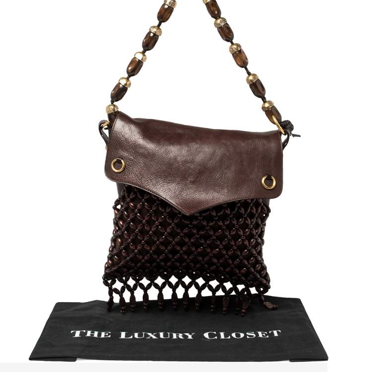Pre Owned Yves Saint Laurent Mocha Brown Leather and Suede Beaded Fringed Shoulder Bag