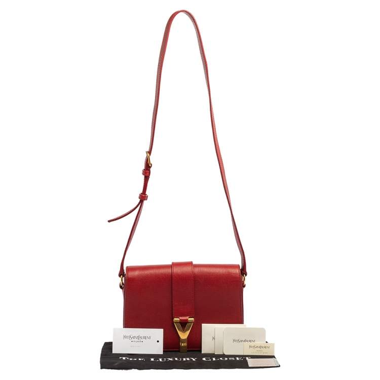 Pre Owned Yves Saint Laurent Red Textured Leather Medium Chyc Flap Bag  