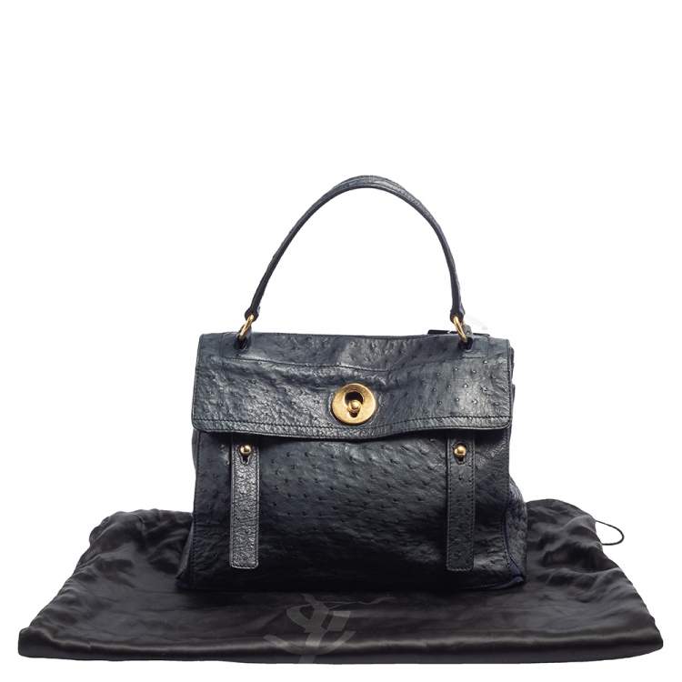 Pre Owned Yves Saint Laurent Navy Blue Ostrich Muse Two Satchel