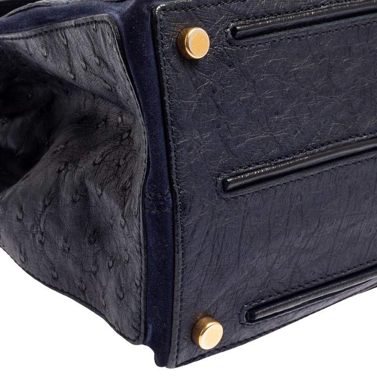 Pre Owned Yves Saint Laurent Navy Blue Ostrich Muse Two Satchel