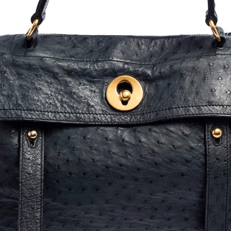 Pre Owned Yves Saint Laurent Navy Blue Ostrich Muse Two Satchel
