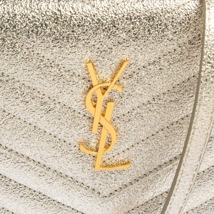 Pre Owned Saint Laurent Metallic Gold Matelasse Leather Monogram Envelope Wallet on Chain
