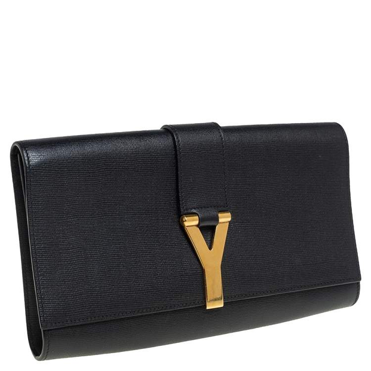 Pre Owned Yves Saint Laurent Black Textured Leather Y-Ligne Clutch