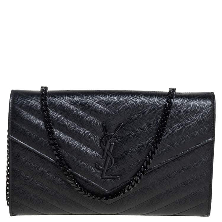 Saint Laurent Paris Black Chevron Leather Wallet on Chain Yves
