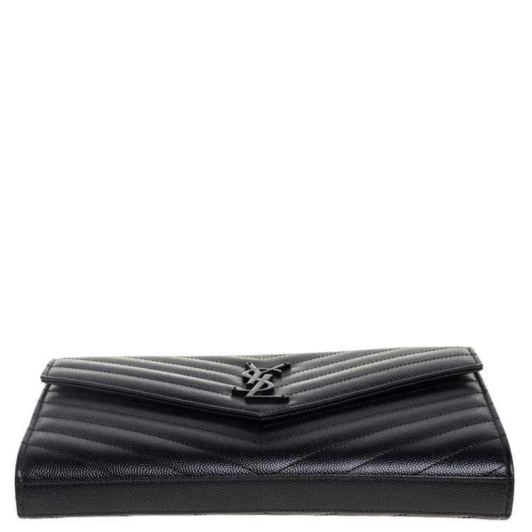Pre Owned Saint Laurent Black Chevron Quilted Leather Monogram Envelope Wallet on Chain