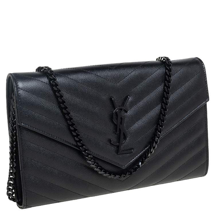 Pre Owned Saint Laurent Black Chevron Quilted Leather Monogram Envelope Wallet on Chain