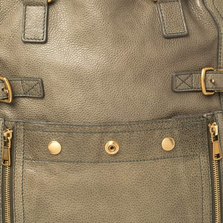 Pre Owned Yves Saint Laurent Military Green Leather Large Downtown Tote