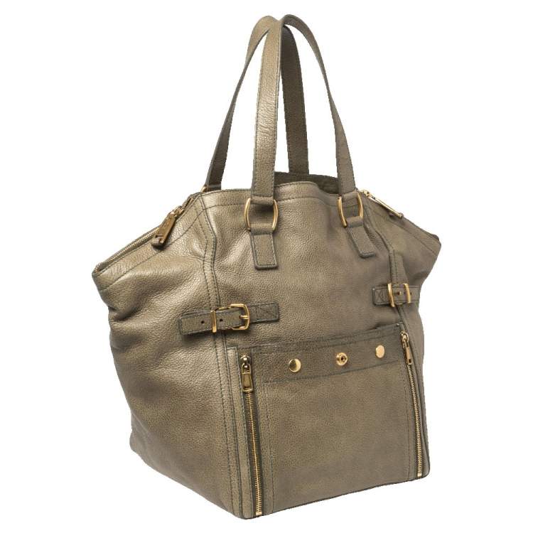 Pre Owned Yves Saint Laurent Military Green Leather Large Downtown Tote