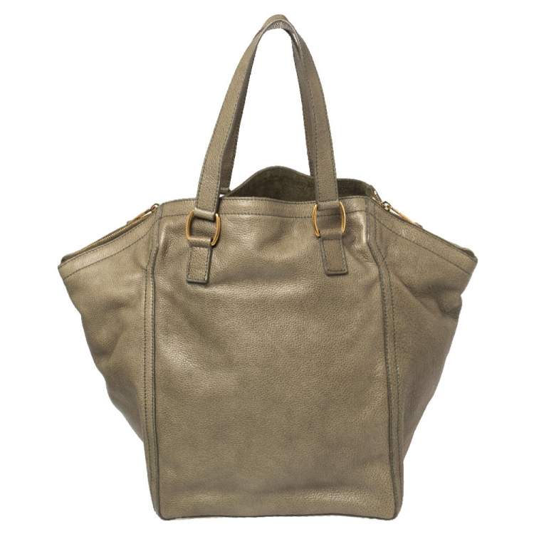Pre Owned Yves Saint Laurent Military Green Leather Large Downtown Tote