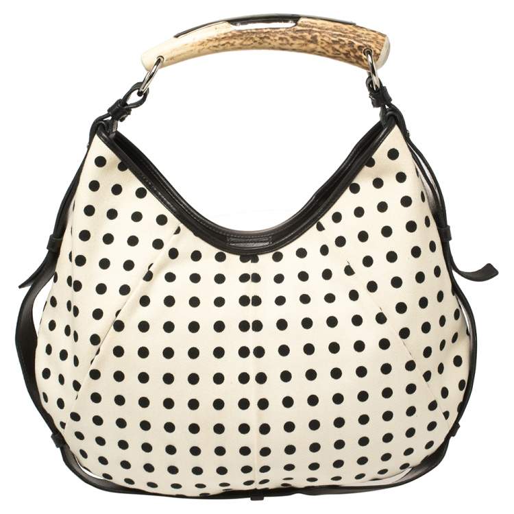 Pre Owned Yves Saint Laurent White/Black Fabric Polka Dot Mombasa Hobo