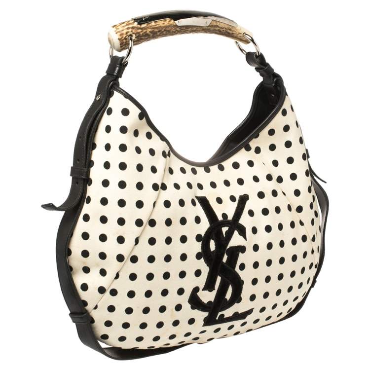 Pre Owned Yves Saint Laurent White/Black Fabric Polka Dot Mombasa Hobo