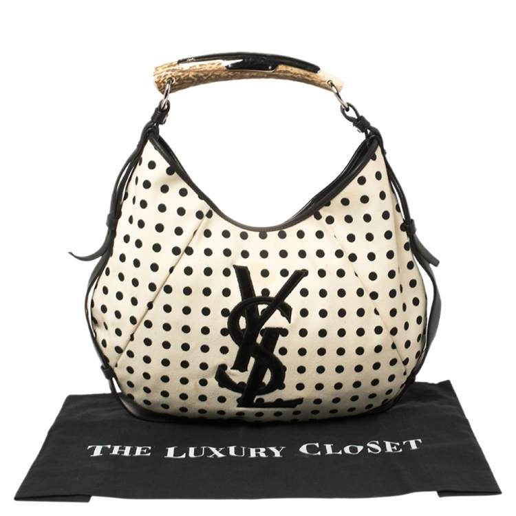 Pre Owned Yves Saint Laurent White/Black Fabric Polka Dot Mombasa Hobo