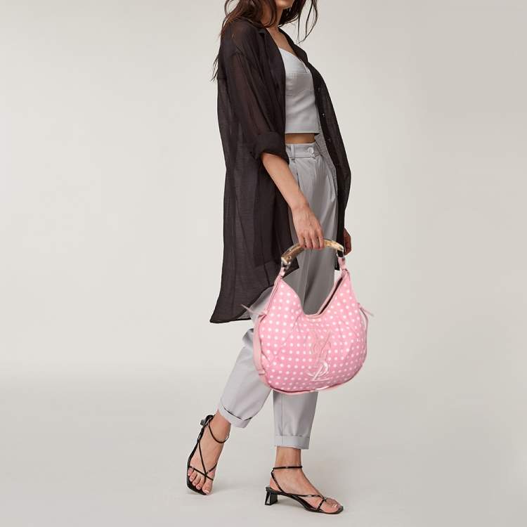 Pre Owned Yves Saint Laurent Pink//White Fabric Polka Dot Mombasa Hobo 