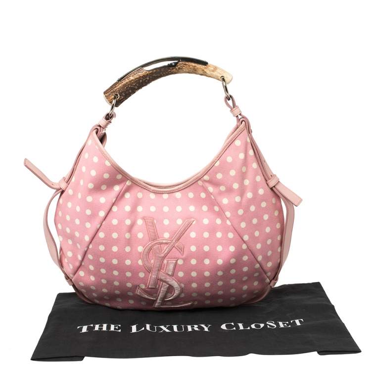 Pre Owned Yves Saint Laurent Pink//White Fabric Polka Dot Mombasa Hobo 
