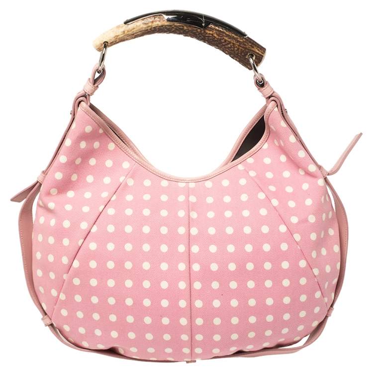 Pre Owned Yves Saint Laurent Pink//White Fabric Polka Dot Mombasa Hobo 