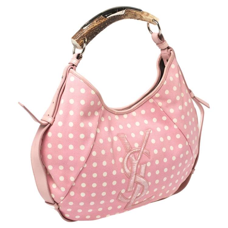 Pre Owned Yves Saint Laurent Pink//White Fabric Polka Dot Mombasa Hobo 
