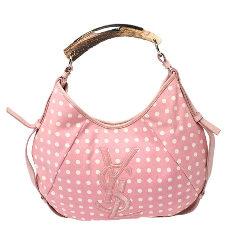 Pre Owned Yves Saint Laurent Pink//White Fabric Polka Dot Mombasa Hobo 