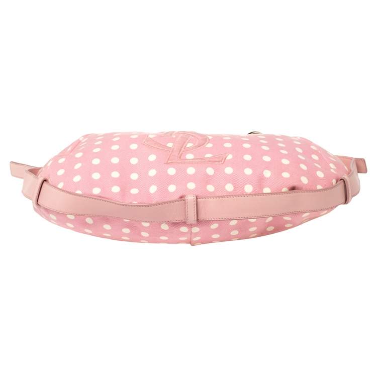 Pre Owned Yves Saint Laurent Pink//White Fabric Polka Dot Mombasa Hobo 