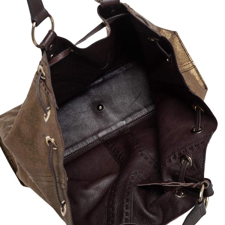 Pre Owned Yves Saint Laurent Gold/Dark Brown Leather Reversible Double Sac Y Tote