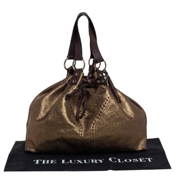 Pre Owned Yves Saint Laurent Gold/Dark Brown Leather Reversible Double Sac Y Tote