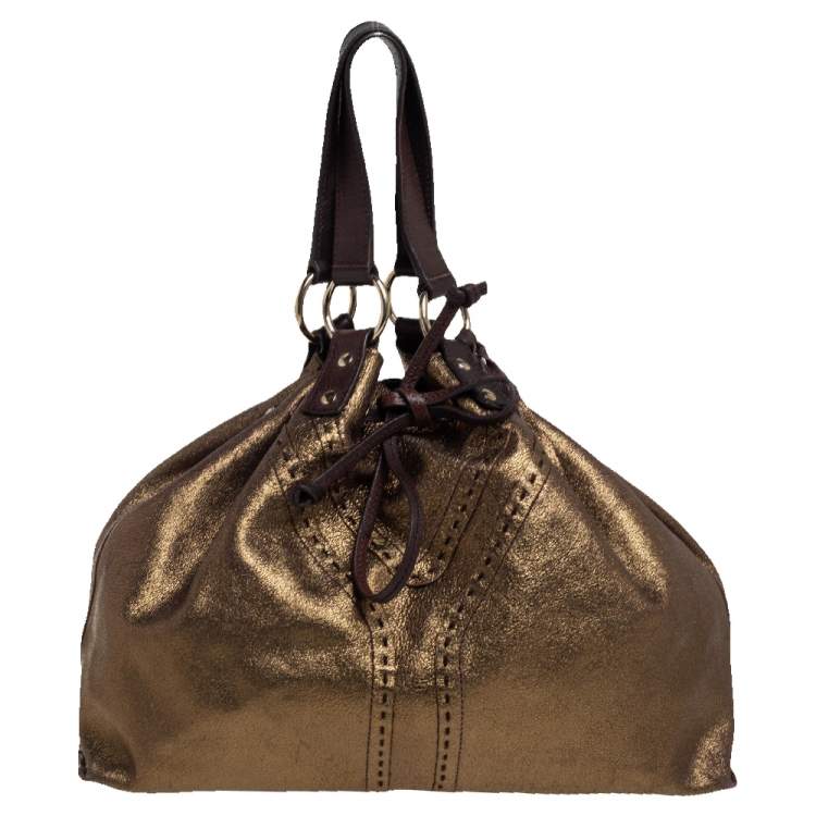 Pre Owned Yves Saint Laurent Gold/Dark Brown Leather Reversible Double Sac Y Tote