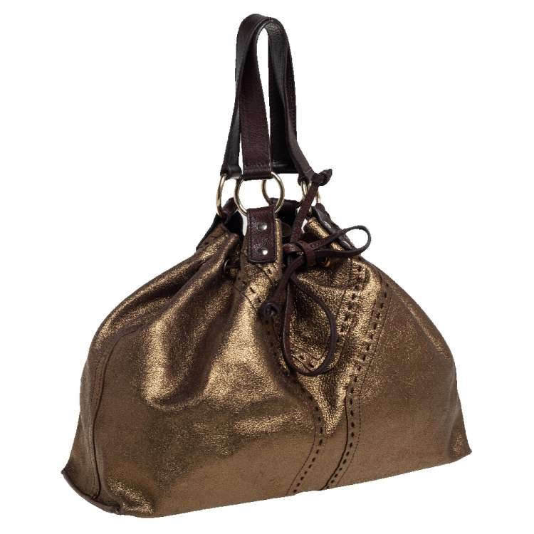 Pre Owned Yves Saint Laurent Gold/Dark Brown Leather Reversible Double Sac Y Tote