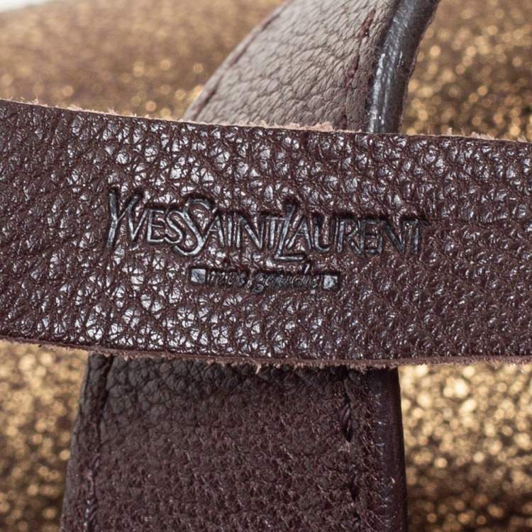 Pre Owned Yves Saint Laurent Gold/Dark Brown Leather Reversible Double Sac Y Tote