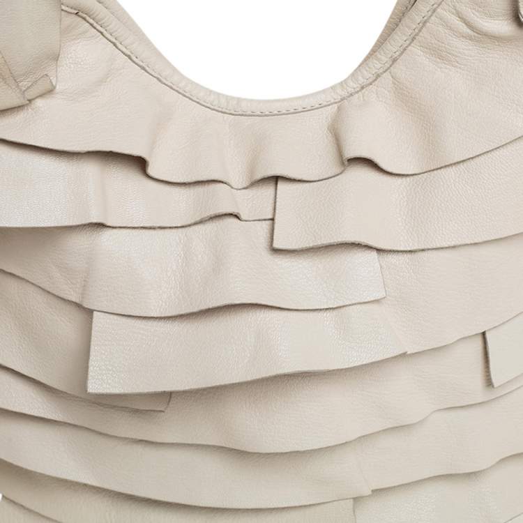 Pre Owned Yves Saint Laurent Off White Ruffle Leather St Tropez Horn Hobo