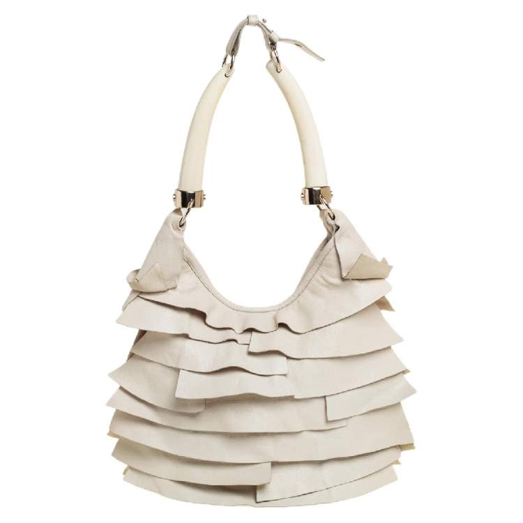 Pre Owned Yves Saint Laurent Off White Ruffle Leather St Tropez Horn Hobo