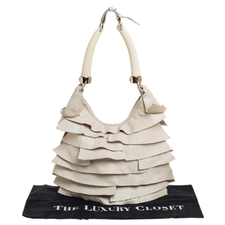 Pre Owned Yves Saint Laurent Off White Ruffle Leather St Tropez Horn Hobo
