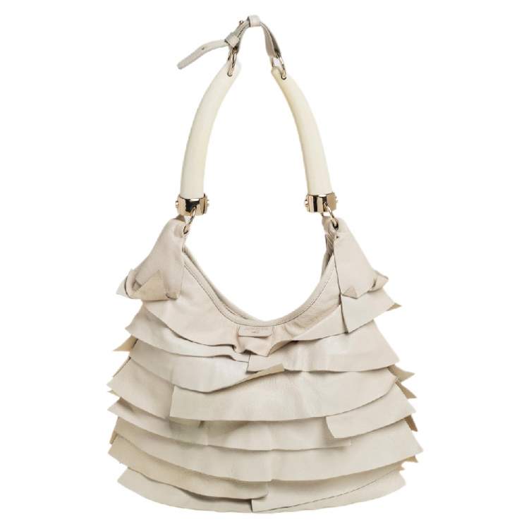 Pre Owned Yves Saint Laurent Off White Ruffle Leather St Tropez Horn Hobo