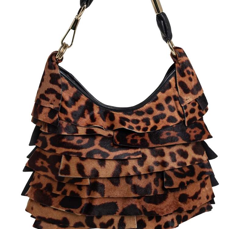 Pre Owned Yves Saint Laurent Brown/Black Calf Hair and Leather Trim St.Tropez Hobo
